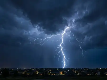 Storm clouds and lightning over suburban homes