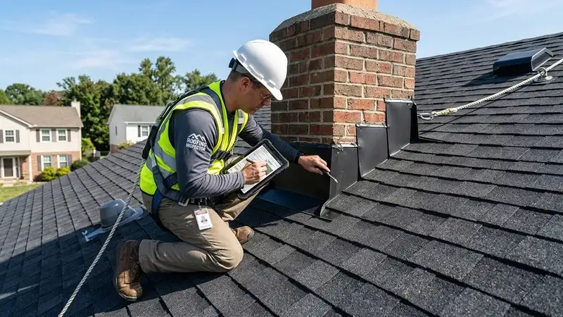 Inspector documenting roof damage on a tablet