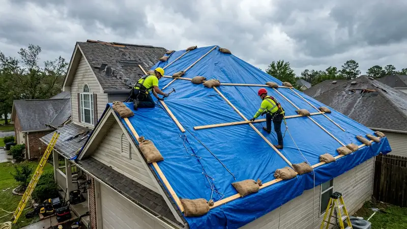 Crew tarping a leaking roof